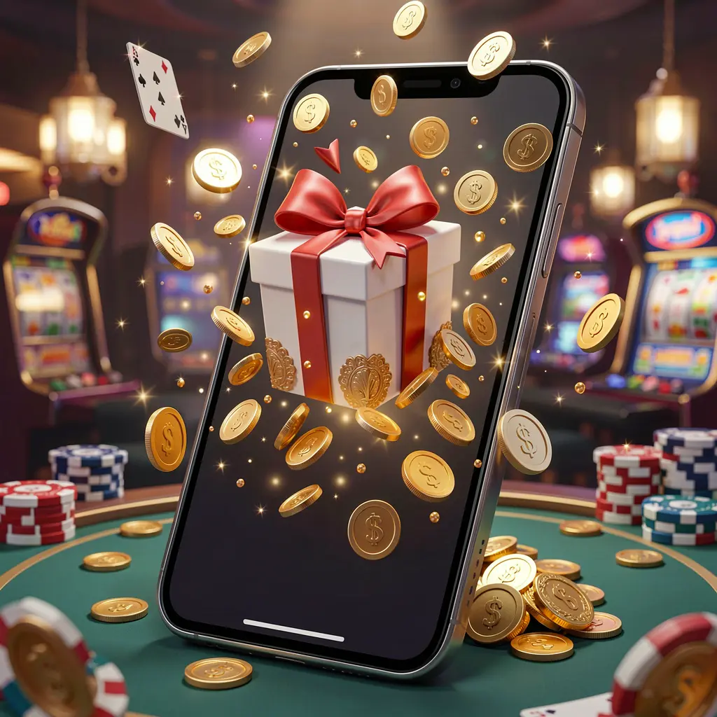 SA969 mobile casino bonus app concept showing a phone screen with a gift box and coins bursting out in a festive casino atmosphere