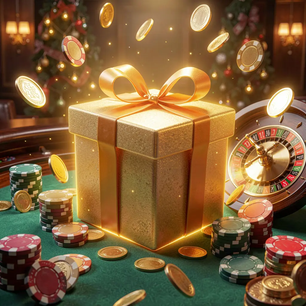 SA969 welcome bonus visual featuring a glowing gift box, roulette wheel, poker chips, and flying coins in a festive casino atmosphere with cinematic lighting and high detail