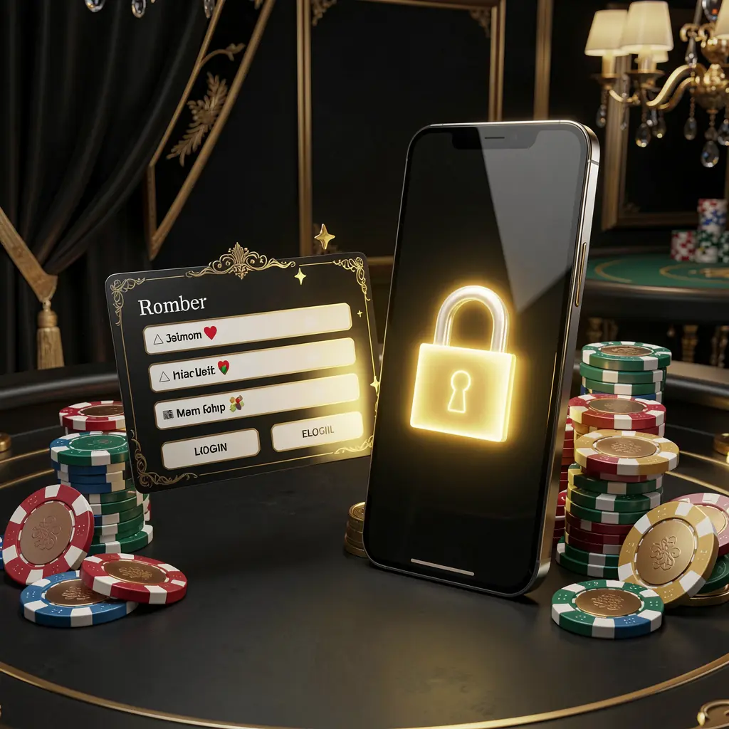 SA969 casino member login concept showing a premium membership card beside a smartphone with a glowing lock symbol, poker chips, and coins on a black and gold luxury background in a realistic 3D illustration