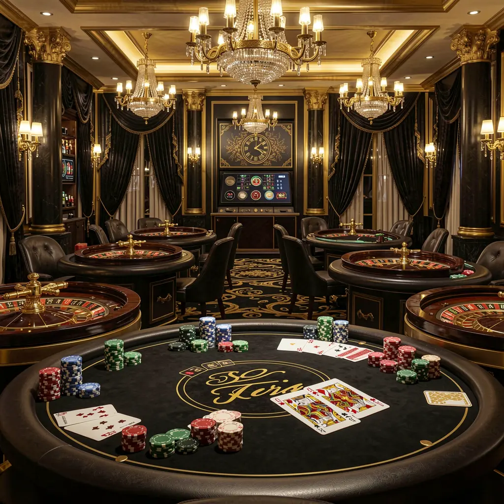 SA969 luxury online casino lobby with glowing roulette tables, golden lights, poker chips and cards in a premium black and gold design